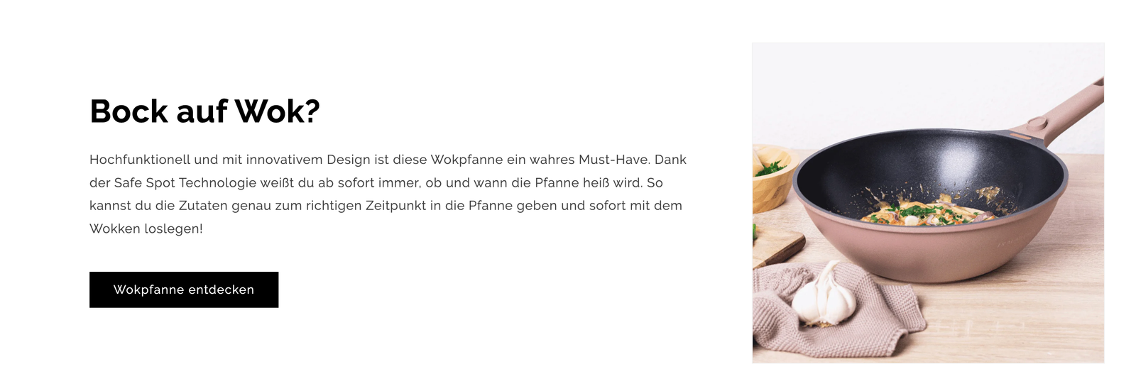 Die Firma Traumleben wirbt auf ihrer Startseite für einen Wok mit dem Slogan: „Bock auf Wok“ und weiteren Kaufargumenten