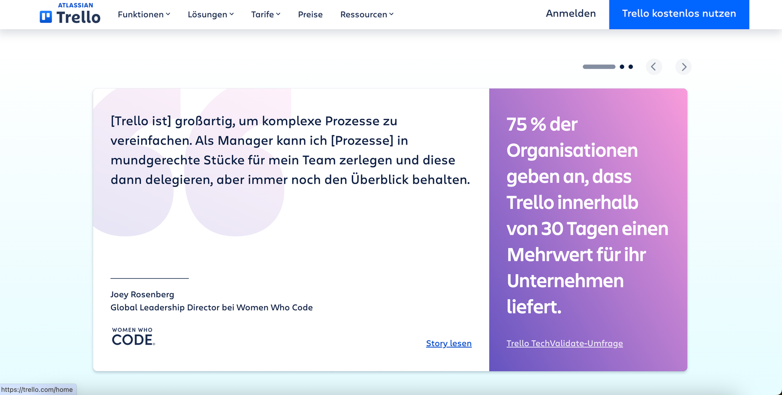 Trello wirbt mit einer Statistik: „75% der Organisationen geben an, dass Trello innerhalb von 30 Tagen einen Mehrwert für ihr Unternehmen liefert.“