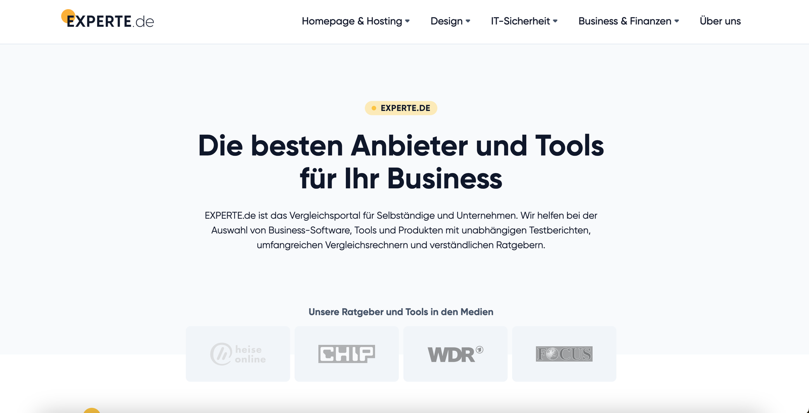 experte.de wirbt auf der Startseite mit Kooperationen mit heise online, Chip, dem WDR und FOCUS