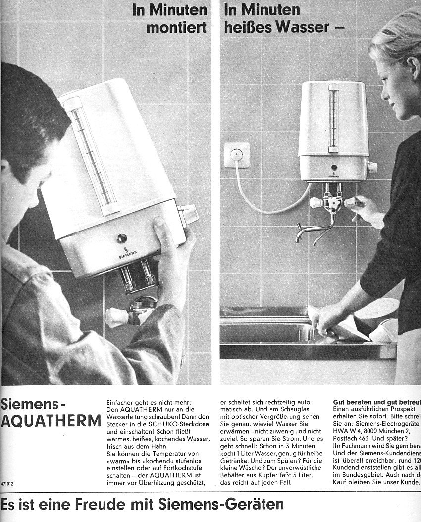 In einer Anzeige von Siemens wird ein Heißwasserboiler beworben. Die Bilder zeigen die einfache Montage.